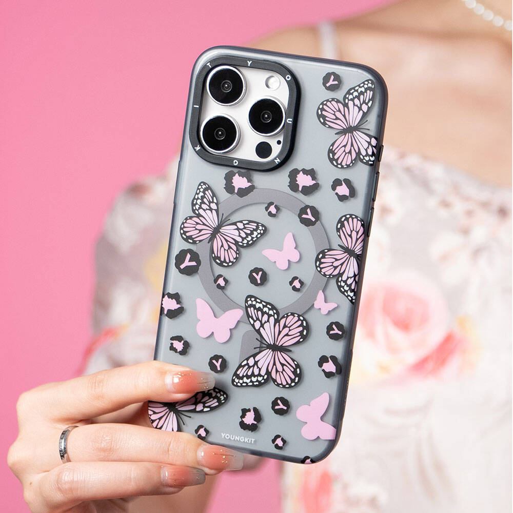Apple iPhone 15 Pro Kılıf M-safe Şarj Özellikli Kelebek Desenli Youngkit Shadow Dance Serisi Kapak