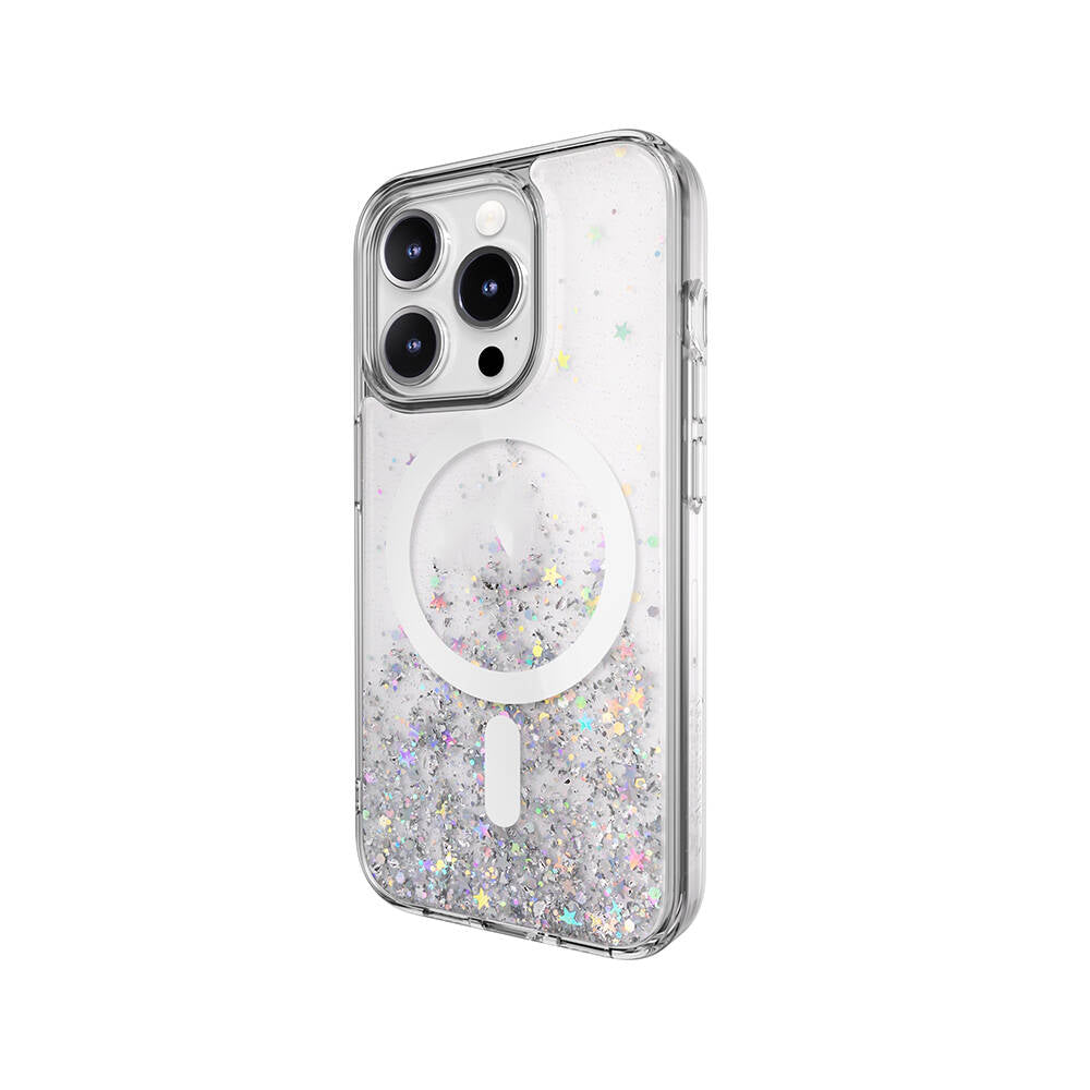 Apple iPhone 15 Pro Kılıf M-safe Şarj Özellikli Parlayan Simli Şeffaf Lisanslı Switcheasy Starfield-M Kapak