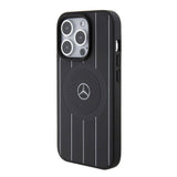 Apple iPhone 15 Pro Kılıf Mercedes Benz Orjinal Lisanslı M-safe Şarj Özellikli Baskı Logolu Paralel Çizgi Desenli Deri Kapak
