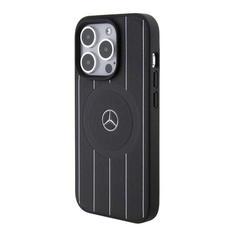 Apple iPhone 15 Pro Kılıf Mercedes Benz Orjinal Lisanslı M-safe Şarj Özellikli Baskı Logolu Paralel Çizgi Desenli Deri Kapak