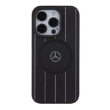 Apple iPhone 15 Pro Kılıf Mercedes Benz Orjinal Lisanslı M-safe Şarj Özellikli Baskı Logolu Paralel Çizgi Desenli Deri Kapak
