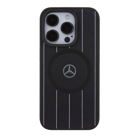 Apple iPhone 15 Pro Kılıf Mercedes Benz Orjinal Lisanslı M-safe Şarj Özellikli Baskı Logolu Paralel Çizgi Desenli Deri Kapak