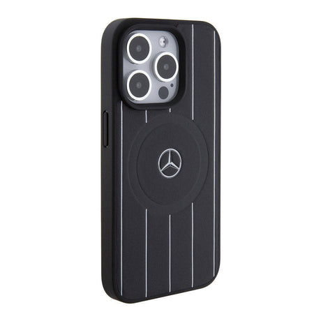 Apple iPhone 15 Pro Kılıf Mercedes Benz Orjinal Lisanslı M-safe Şarj Özellikli Baskı Logolu Paralel Çizgi Desenli Deri Kapak