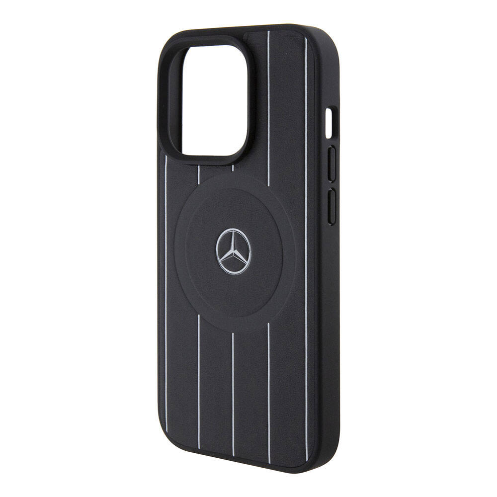 Apple iPhone 15 Pro Kılıf Mercedes Benz Orjinal Lisanslı M-safe Şarj Özellikli Baskı Logolu Paralel Çizgi Desenli Deri Kapak