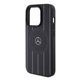 Apple iPhone 15 Pro Kılıf Mercedes Benz Orjinal Lisanslı M-safe Şarj Özellikli Baskı Logolu Paralel Çizgi Desenli Deri Kapak