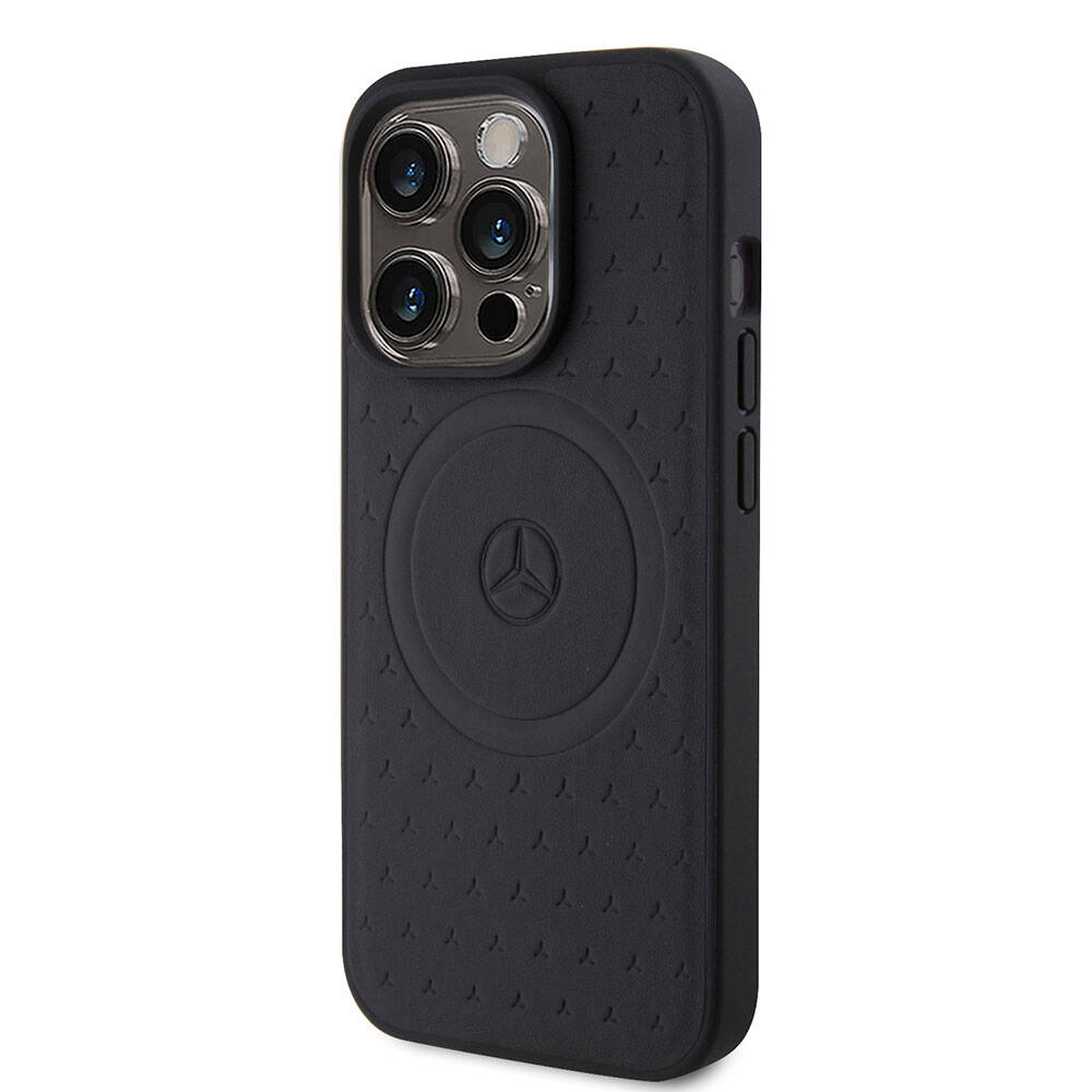Apple iPhone 15 Pro Kılıf Mercedes Benz Orjinal Lisanslı M-safe Şarj Özellikli Mühürlü Yıldız Desenli ve Logolu Deri Kapak