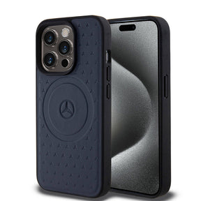 Apple iPhone 15 Pro Kılıf Mercedes Benz Orjinal Lisanslı M-safe Şarj Özellikli Mühürlü Yıldız Desenli ve Logolu Deri Kapak