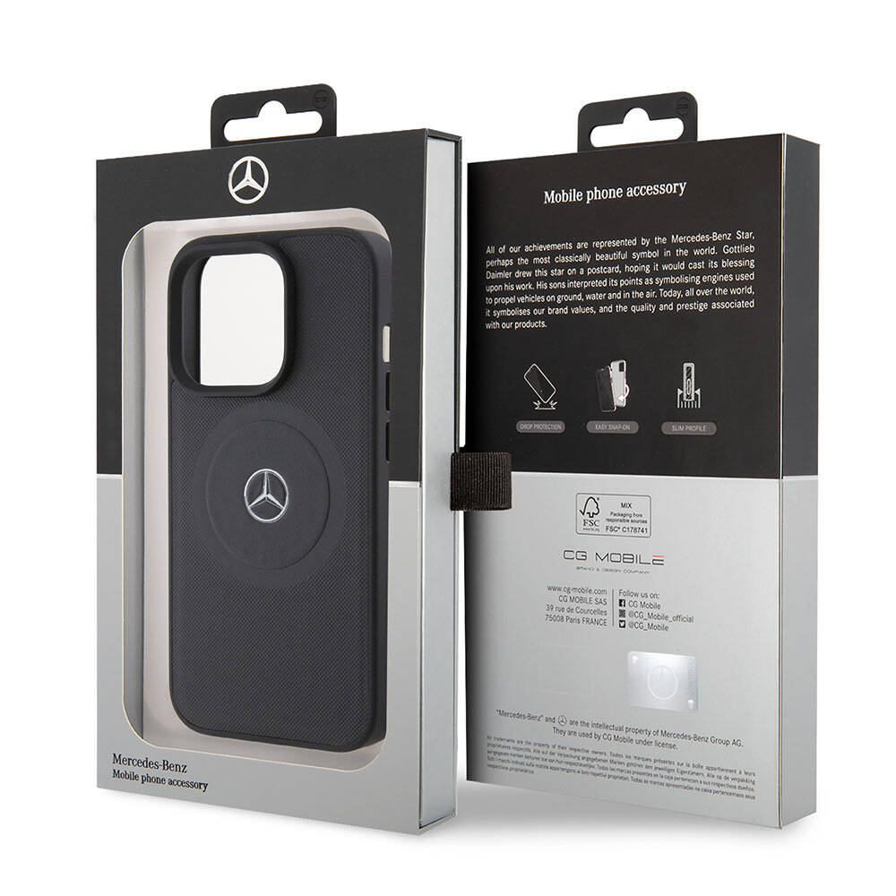 Apple iPhone 15 Pro Kılıf Mercedes Benz Orjinal Lisanslı M-safe Şarj Özellikli Pike Desenli Baskı Logolu Deri Kapak