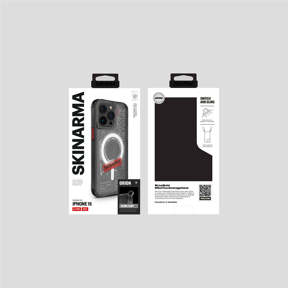 Apple iPhone 15 Pro Kılıf SkinArma M-safe Şarj Özellikli Yazı Desenli Airbag Tasarımlı Orion Kapak