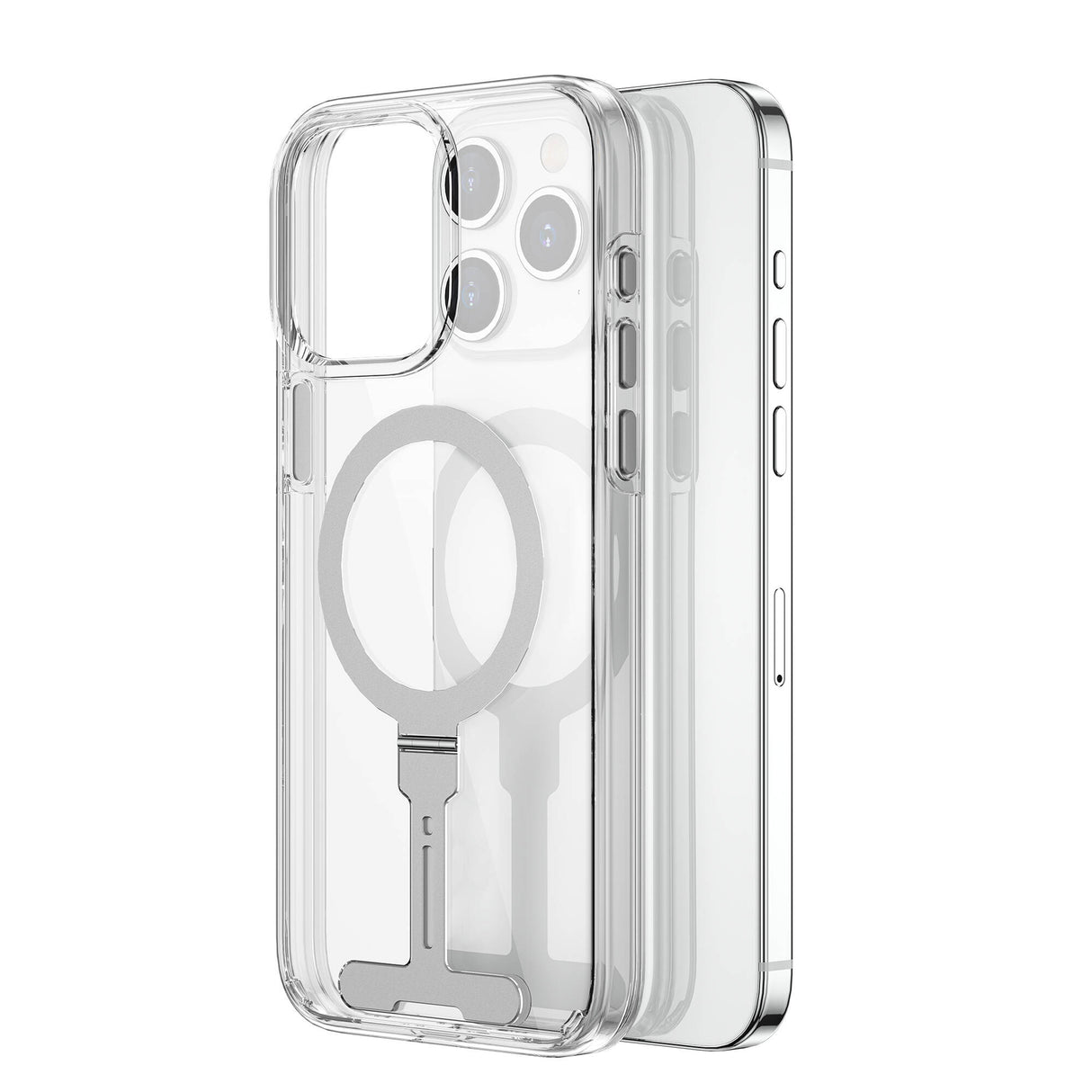 Apple iPhone 15 Pro Kılıf Wiwu FYY-014 M-safe Şarj Özellikli Alüminyum Alaşım Metal Standlı Şeffaf Kapak