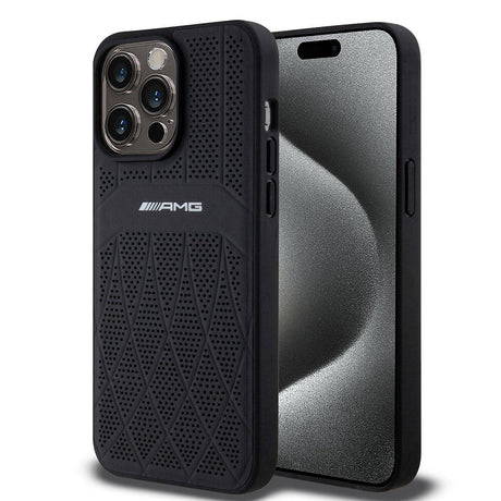 Apple iPhone 15 Pro Max Kılıf AMG Orjinal Lisanslı M-safe Şarj Özellikli Delikli Deri Kıvrımlı Çizgili Kapak