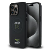 Apple iPhone 15 Pro Max Kılıf Aston Martin Orjinal Lisanslı M-safe Şarj Özellikli PU Deri Alonso 14 Baskılı Kapak