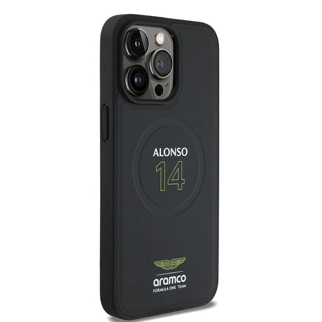Apple iPhone 15 Pro Max Kılıf Aston Martin Orjinal Lisanslı M-safe Şarj Özellikli PU Deri Alonso 14 Baskılı Kapak