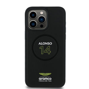 Apple iPhone 15 Pro Max Kılıf Aston Martin Orjinal Lisanslı M-safe Şarj Özellikli PU Deri Alonso 14 Baskılı Kapak