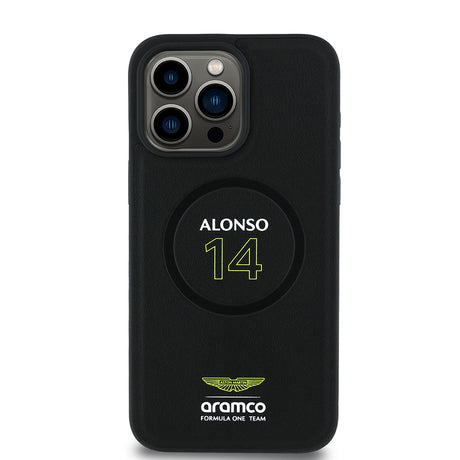 Apple iPhone 15 Pro Max Kılıf Aston Martin Orjinal Lisanslı M-safe Şarj Özellikli PU Deri Alonso 14 Baskılı Kapak