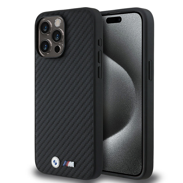 Apple iPhone 15 Pro Max Kılıf BMW Orjinal Lisanslı Karbon Fiber Tasarımlı ve Metal Logolu PU Deri Kapak