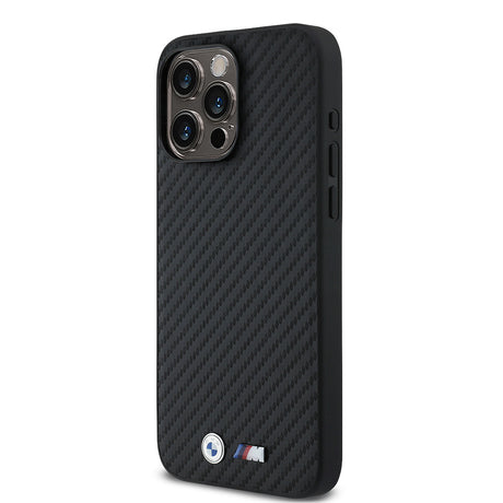 Apple iPhone 15 Pro Max Kılıf BMW Orjinal Lisanslı Karbon Fiber Tasarımlı ve Metal Logolu PU Deri Kapak