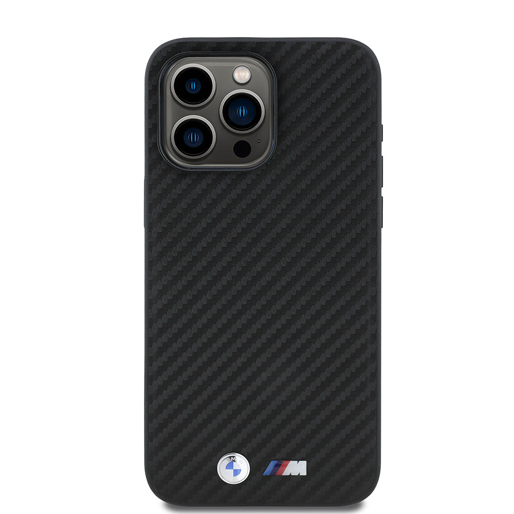 Apple iPhone 15 Pro Max Kılıf BMW Orjinal Lisanslı Karbon Fiber Tasarımlı ve Metal Logolu PU Deri Kapak