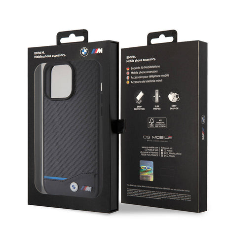 Apple iPhone 15 Pro Max Kılıf BMW Orjinal Lisanslı M-safe Şarj Özellikli M Logolu PU Karbon Kapak