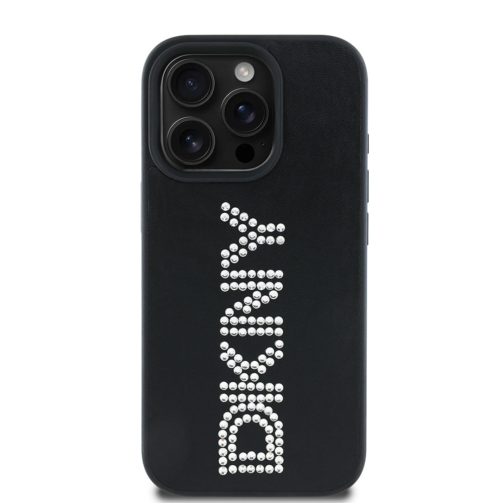 Apple iPhone 15 Pro Max Kılıf DKNY Orjinal Lisanslı Taşlı DKNY Yazılı Metalik Rhinestones PU Deri Kapak