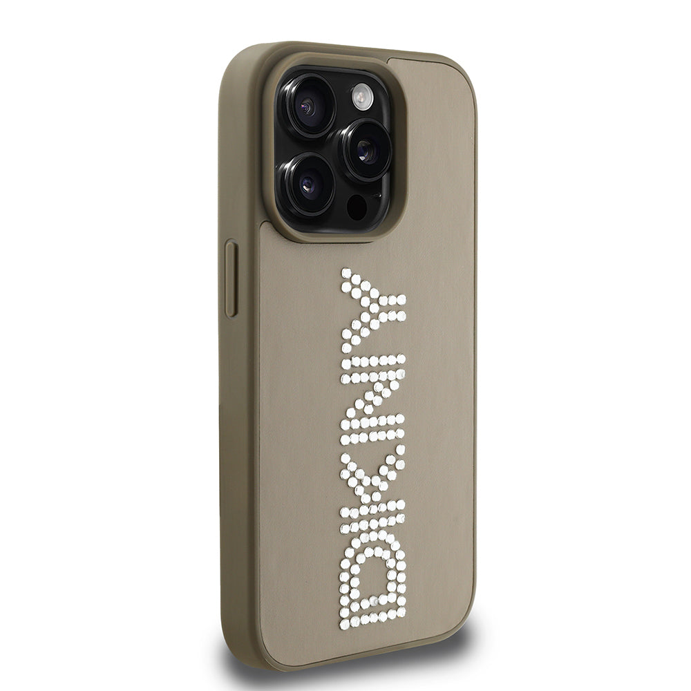 Apple iPhone 15 Pro Max Kılıf DKNY Orjinal Lisanslı Taşlı DKNY Yazılı Metalik Rhinestones PU Deri Kapak