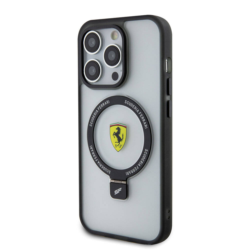 Apple iPhone 15 Pro Max Kılıf Ferrari M-safe Şarj Özellikli Standlı Buzlu Yüzey Dizayn Kapak