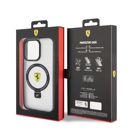 Apple iPhone 15 Pro Max Kılıf Ferrari M-safe Şarj Özellikli Standlı Buzlu Yüzey Dizayn Kapak
