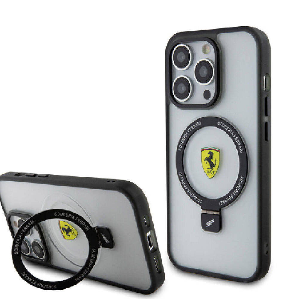 Apple iPhone 15 Pro Max Kılıf Ferrari M-safe Şarj Özellikli Standlı Buzlu Yüzey Dizayn Kapak