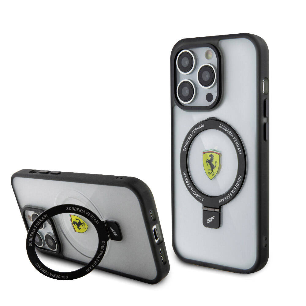 Apple iPhone 15 Pro Max Kılıf Ferrari M-safe Şarj Özellikli Standlı Buzlu Yüzey Dizayn Kapak