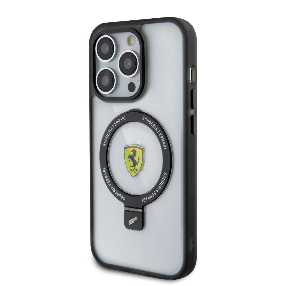 Apple iPhone 15 Pro Max Kılıf Ferrari M-safe Şarj Özellikli Standlı Buzlu Yüzey Dizayn Kapak