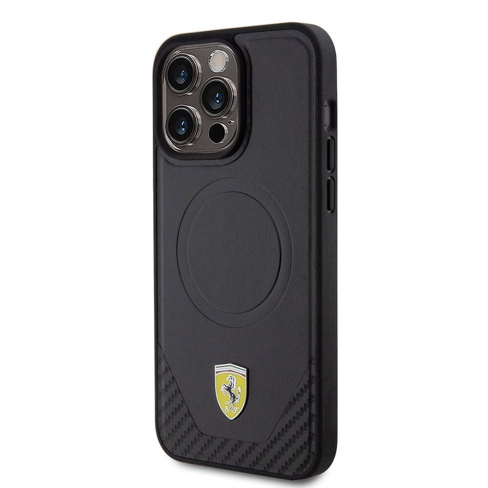 Apple iPhone 15 Pro Max Kılıf Ferrari Orjinal Lisanslı M-safe Şarj Özellikli Metal Logolu PU Karbon Kapak