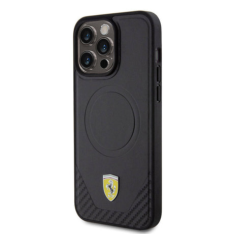 Apple iPhone 15 Pro Max Kılıf Ferrari Orjinal Lisanslı M-safe Şarj Özellikli Metal Logolu PU Karbon Kapak
