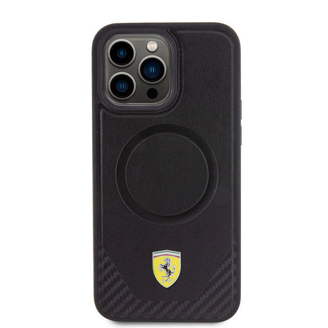 Apple iPhone 15 Pro Max Kılıf Ferrari Orjinal Lisanslı M-safe Şarj Özellikli Metal Logolu PU Karbon Kapak