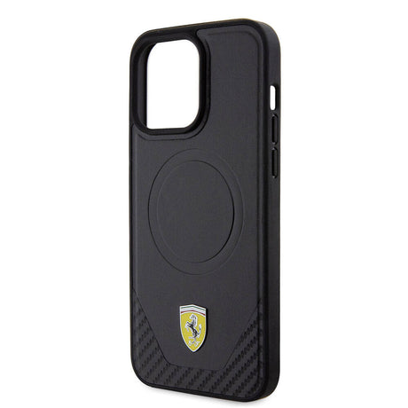Apple iPhone 15 Pro Max Kılıf Ferrari Orjinal Lisanslı M-safe Şarj Özellikli Metal Logolu PU Karbon Kapak
