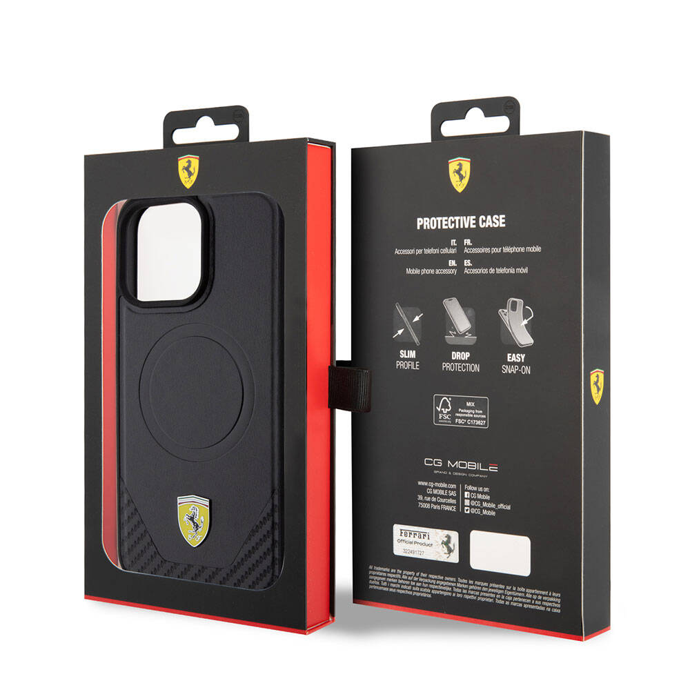 Apple iPhone 15 Pro Max Kılıf Ferrari Orjinal Lisanslı M-safe Şarj Özellikli Metal Logolu PU Karbon Kapak