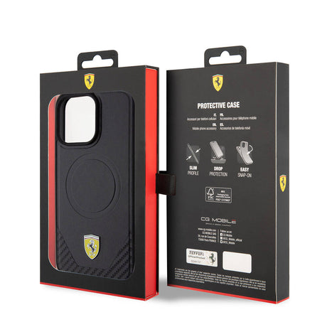 Apple iPhone 15 Pro Max Kılıf Ferrari Orjinal Lisanslı M-safe Şarj Özellikli Metal Logolu PU Karbon Kapak