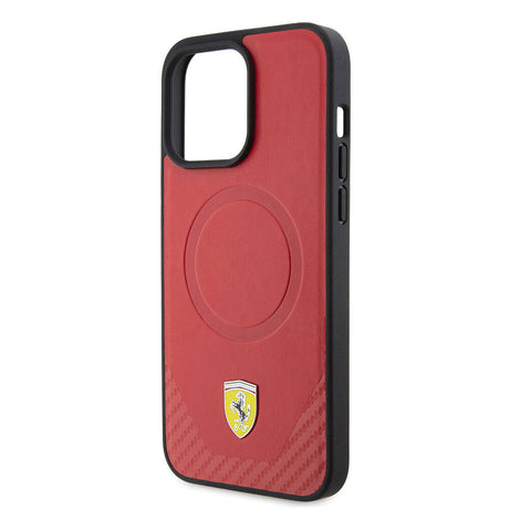 Apple iPhone 15 Pro Max Kılıf Ferrari Orjinal Lisanslı M-safe Şarj Özellikli Metal Logolu PU Karbon Kapak