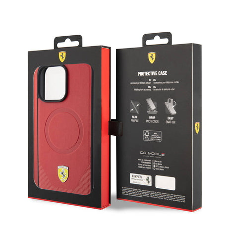 Apple iPhone 15 Pro Max Kılıf Ferrari Orjinal Lisanslı M-safe Şarj Özellikli Metal Logolu PU Karbon Kapak