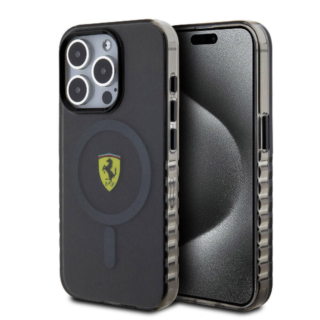Apple iPhone 15 Pro Max Kılıf Ferrari Orjinal Lisanslı M-safe Şarj Özellikli Tırtıklı Kenar Tasarımlı Ortalanmış Logo Kapak