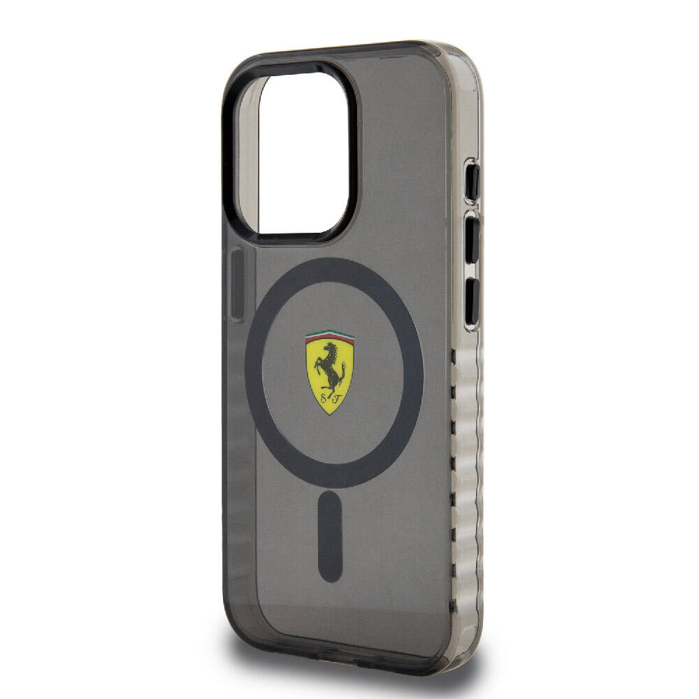 Apple iPhone 15 Pro Max Kılıf Ferrari Orjinal Lisanslı M-safe Şarj Özellikli Tırtıklı Kenar Tasarımlı Ortalanmış Logo Kapak