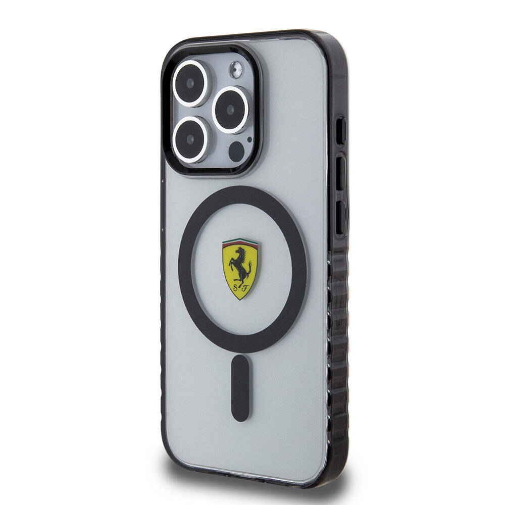 Apple iPhone 15 Pro Max Kılıf Ferrari Orjinal Lisanslı M-safe Şarj Özellikli Tırtıklı Kenar Tasarımlı Ortalanmış Logo Kapak