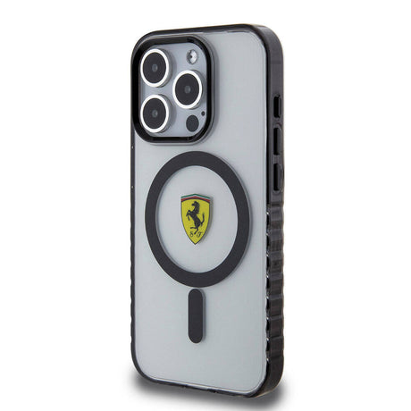 Apple iPhone 15 Pro Max Kılıf Ferrari Orjinal Lisanslı M-safe Şarj Özellikli Tırtıklı Kenar Tasarımlı Ortalanmış Logo Kapak