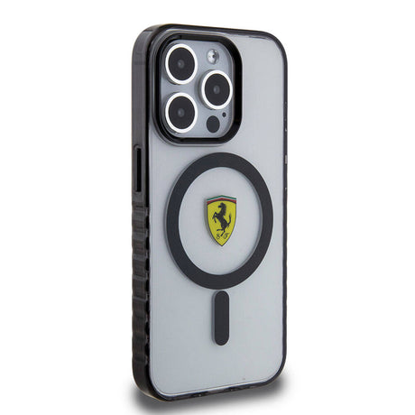 Apple iPhone 15 Pro Max Kılıf Ferrari Orjinal Lisanslı M-safe Şarj Özellikli Tırtıklı Kenar Tasarımlı Ortalanmış Logo Kapak