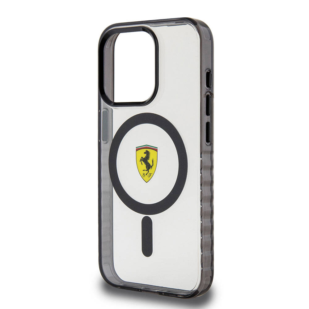 Apple iPhone 15 Pro Max Kılıf Ferrari Orjinal Lisanslı M-safe Şarj Özellikli Tırtıklı Kenar Tasarımlı Ortalanmış Logo Kapak