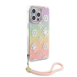 Apple iPhone 15 Pro Max Kılıf Guess Orjinal Lisanslı Desenli Yazı Logolu Askı İpli Holografik Glitter Peony Kapak
