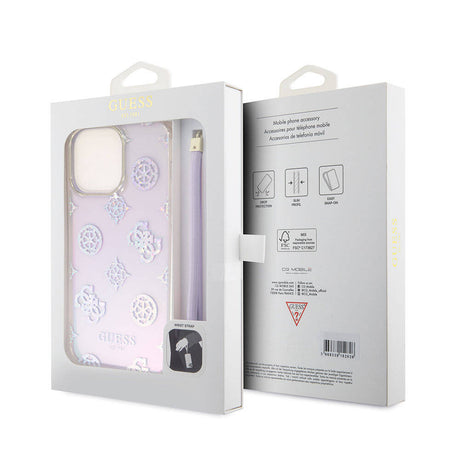 Apple iPhone 15 Pro Max Kılıf Guess Orjinal Lisanslı Desenli Yazı Logolu Askı İpli Holografik Glitter Peony Kapak