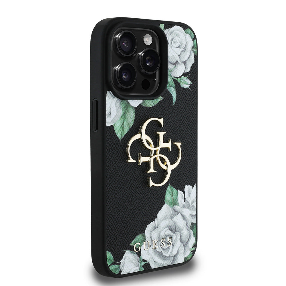 Apple iPhone 15 Pro Max Kılıf Guess Orjinal Lisanslı Gül Baskılı Büyük Metal Logo Dizaynlı Kapak