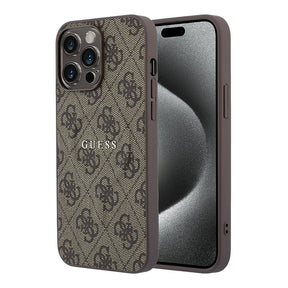 Apple iPhone 15 Pro Max Kılıf Guess Orjinal Lisanslı M-safe Kabartmalı 4G Desenli Yazı Logolu Kapak