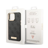 Apple iPhone 15 Pro Max Kılıf Guess Orjinal Lisanslı M-safe Şarj Özellikli 4G Desenli PU Metal Plaka Klasik Logolu Kapak