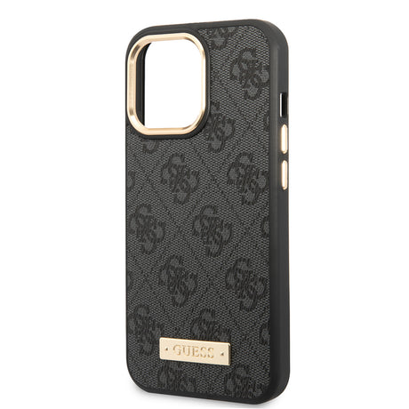 Apple iPhone 15 Pro Max Kılıf Guess Orjinal Lisanslı M-safe Şarj Özellikli 4G Desenli PU Metal Plaka Klasik Logolu Kapak